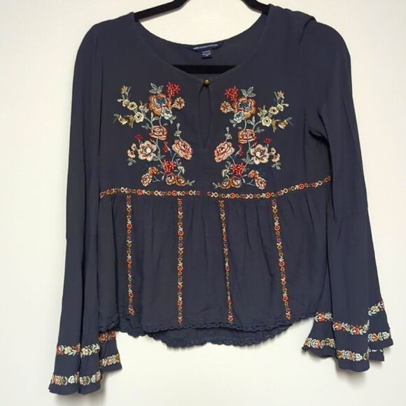 American Eagle Charcoal Floral Long Sleeve Blouse - Picture 1 of 8
